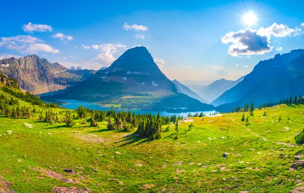 Картинка пейзаж, Солнце, Природа, панорама, США, Glacier National Park