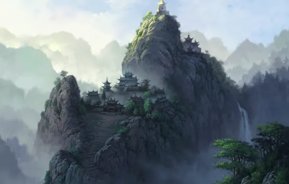 Картинка горы, город, туман, рисунок