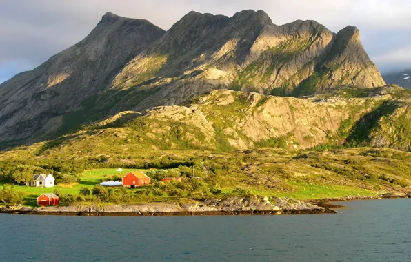 Картинка горы, река, берег, Норвегия, домики, Нурланн Рёдёй