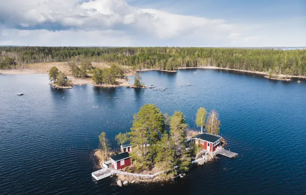 Лес, небо, облака, озеро, дом, Остров, причал