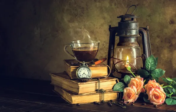Цветы, стиль, ретро, книги, лампа, розы, чашка, винтаж