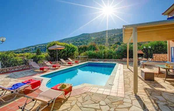 Вилла, бассейн, Греция, терраса, Greece, Kefalonia, Villa Skala, Skala