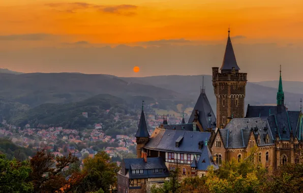 Закат, замок, Германия, панорама, Вернигероде, Wernigerode Castle