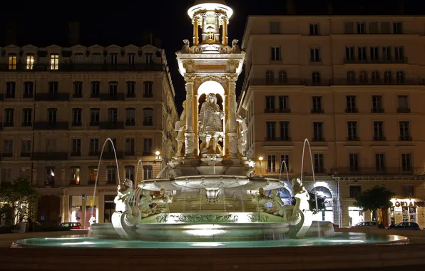 Ночь, огни, Франция, памятник, фонтан, Лион