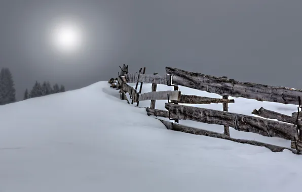 Картинка снег, ночь, забор