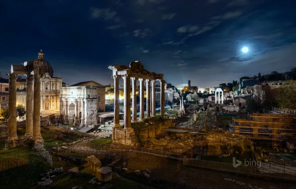 Картинка ночь, огни, Луна, Рим, Италия, развалины, руины, форум