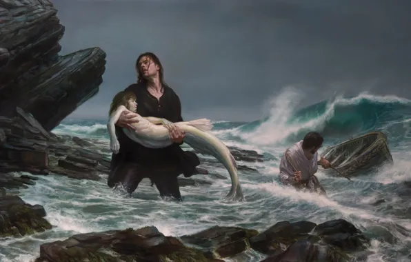 Картинка море, шторм, русалка, картина, рыбаки, Donato Giancola