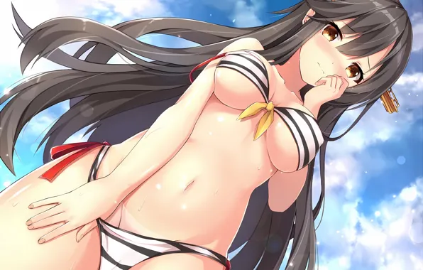 Girl, sexy, wet, cleavage, sky, long hair, brown hair, boobs