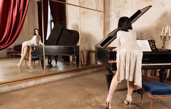Short hair, piano, brunette, upskirt, gorgeous, posing, high heels, beautiful face