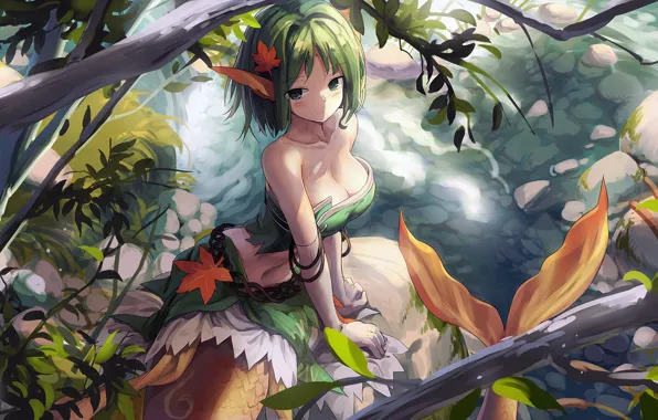 Картинка girl, fantasy, cleavage, green eyes, trees, anime, leaves, digital art