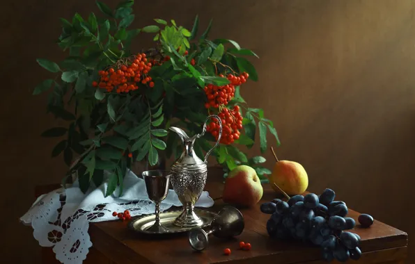 Листья, ягоды, вино, бокал, букет, виноград, кувшин, фрукты