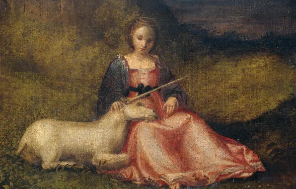 Масло, картина, холст, мифология, неизвестный художник, 1510, Девушка с Единорогом