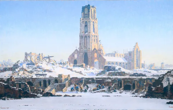 Пейзаж, масло, картина, холст, 1940, Церковь Лоренса в Роттердаме. Зима, Reinier Sybrand Bakels
