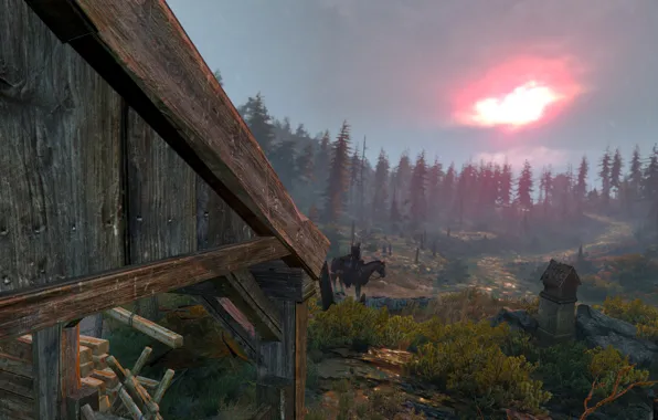 Картинка Дождь, The wicther 3, Geralt from Rivia, Малиновый закат