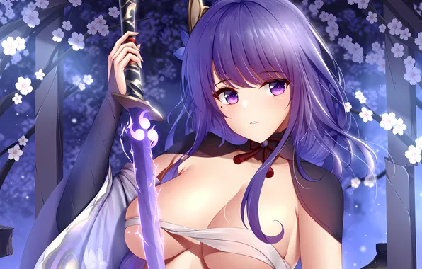 Girl, sword, sexy, cleavage, long hair, boobs, sexy girl, anime