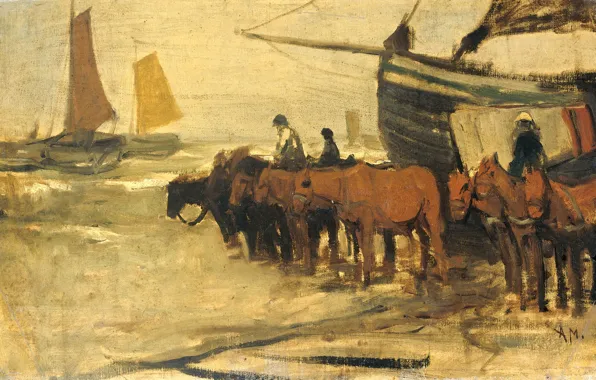 Масло, картина, Антон Мауве, Буксировка в Море Рыбацкой Лодки