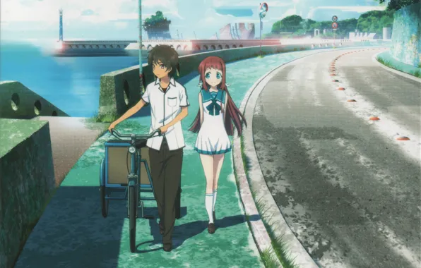 Дорога, море, велосипед, набережная, школьники, Nagi no Asukara, Tsumugu Kihara, Manaka Mukaido