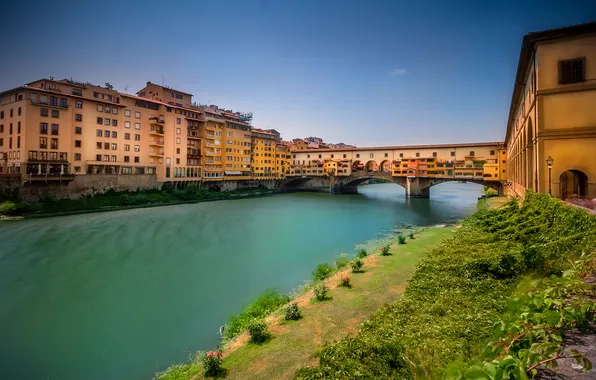 Картинка мост, река, дома, Италия, Флоренция, Арно, Понте-Веккьо