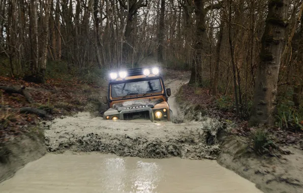 Картинка вода, грязь, внедорожник, Land Rover, Defender, канава, V8, 5.0 л.