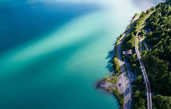 Картинка дорога, деревья, Aerial photo of ocean, аэрофотосъемка океана, вода, trees, water, road