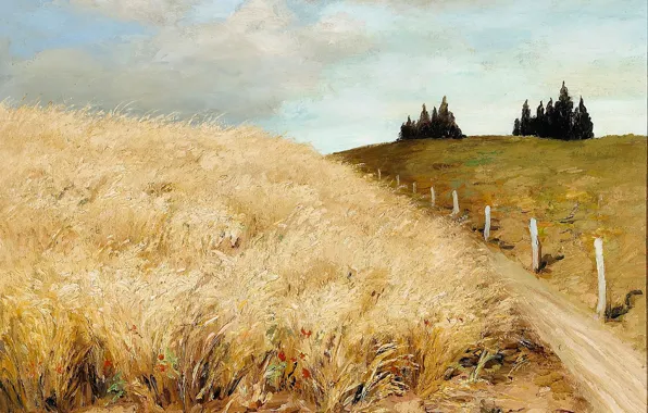Картинка дорога, пейзаж, холмы, картина, ограда, Марсель Диф, Пшеничное поле