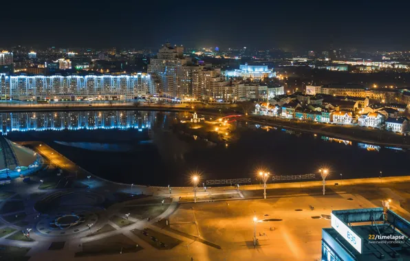 Ночь, высота, подсветка, старый город, Беларусь, Минск, Belarus, timelapse