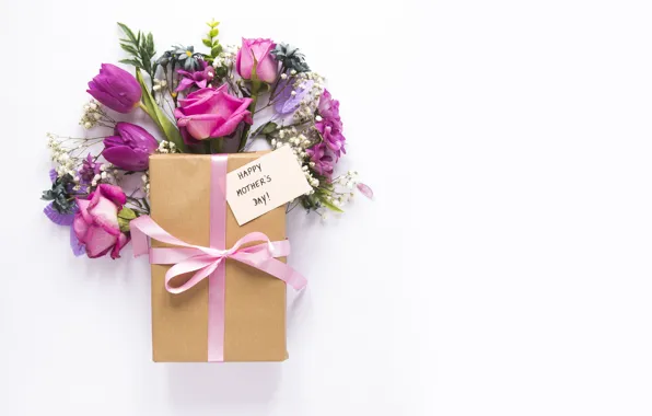 Картинка цветы, подарок, розы, лепестки, тюльпаны, розовые, happy, pink