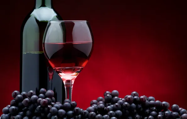 Стекло, темный фон, вино, красное, бокал, бутылка, виноград