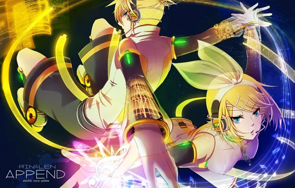 Девушка, наушники, цифры, парень, двое, Vocaloid, Вокалоид, Кагомине Лен