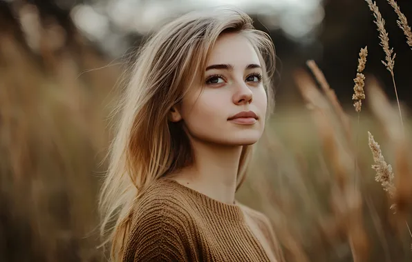 Поле, взгляд, девушка, природа, лицо, поза, улыбка, портрет