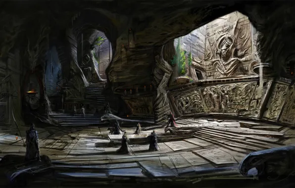 Люди, ступени, храм, пещера, Skyrim, concept art, The Elder Scrolls V