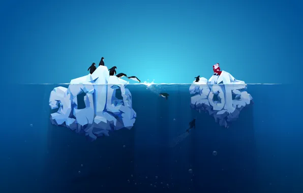Картинка новый год, пингвины, айсберг, 2014, 2015, красный дед