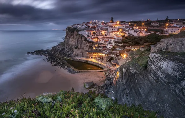 Картинка огни, побережье, вечер, Португалия, Azenhas do Mar, Синтра