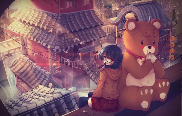 Крыша, девушка, дома, аниме, медведь, арт, очки, daikazoku63
