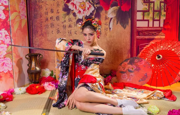 Картинка девушка, цветы, поза, стиль, оружие, японка, меч, катана