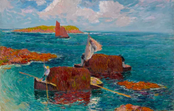 Море, небо, облака, камни, скалы, лодка, картина, парус