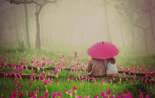 Зелень, трава, девушка, любовь, цветы, природа, зонтик, фон