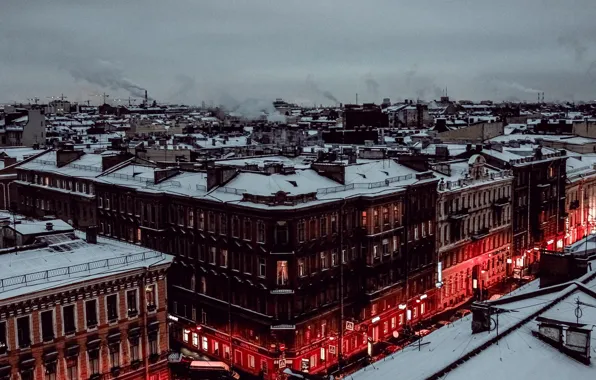 Картинка зима, снег, дома, вечер, Питер, крыши, Санкт-Петербург, Россия