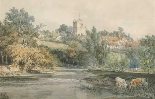 Картинка пейзаж, дом, река, картина, холм, акварель, Уильям Тёрнер, Surrey