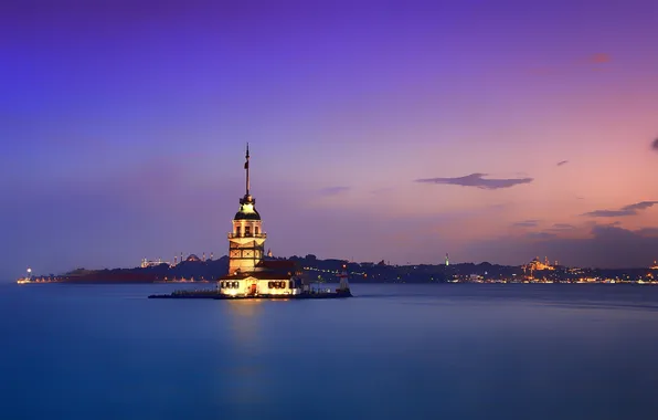 Море, город, рассвет, берег, побережье, сооружение, островок, Стамбул