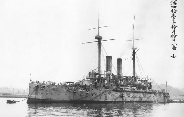 Fuji at anchor, Fuji, in 1908, Japanese battleship
