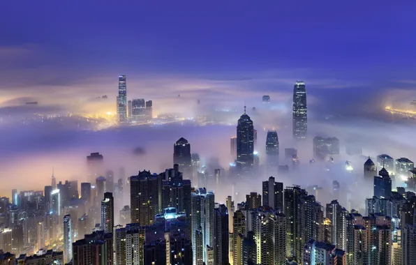 Небо, город, весна, Гонконг, утро, Китай, Hong Kong, КНР