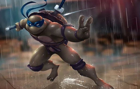 Картинка дождь, черепаха, меч, ниндзя, tmnt, мутант, Leonardo, Teenage Mutant Ninja Turtles