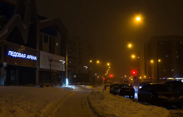 Зима, снег, машины, ночь, город, туман, здания, дома