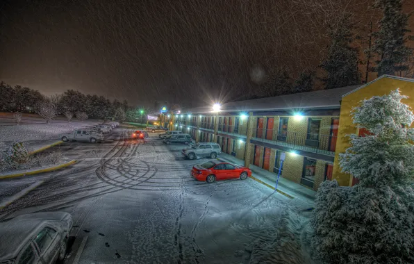 Снег, следы, вечер, стоянка, отель, автомобили