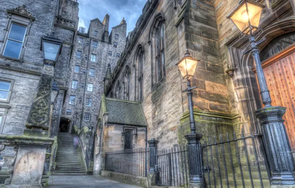 HDR, Шотландия, фонари, лестница, Scotland, Edinburgh, Houses