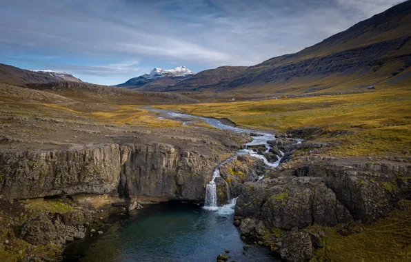 Картинка водопад, речка, Исландия, Skorhagafoss