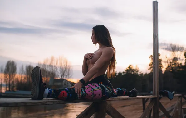 Sky, boobs, clouds, model, tattoo, women, brunette, sneakers