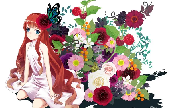 Девушка, цветы, ягоды, бабочка, роза, аниме, арт, lakuhito