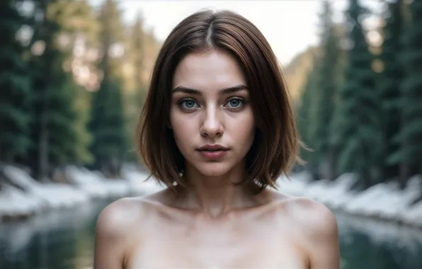 Зима, глаза, взгляд, девушка, горы, озеро, река, портрет